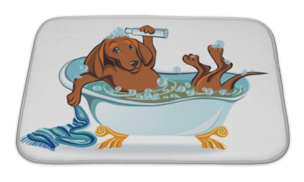 Bath Mat, Dog Bathing Dachshund Lying In The Bath With Bubbles