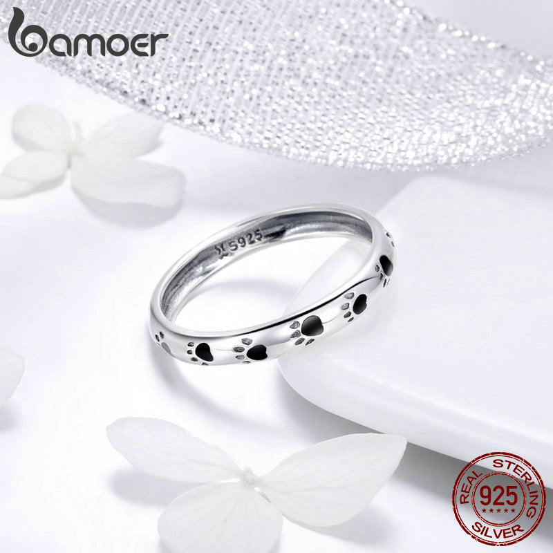 BAMOER 925 Sterling Silver Stackable Dog Cat Footprints Finger Rings for Women Wedding  Ring Jewelry Valentine's Day GIFT SCR445