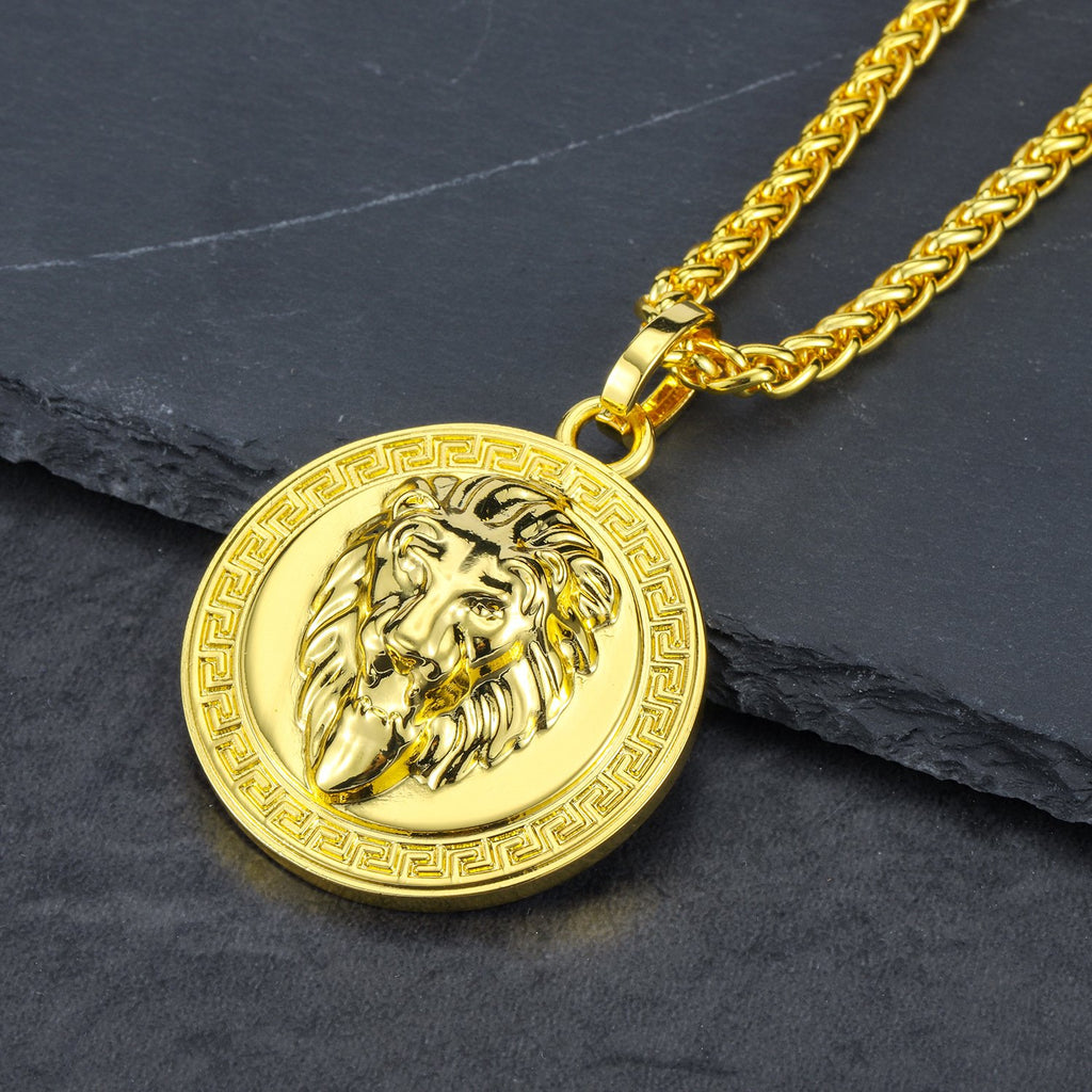Lion Greek Medallion Necklace in 18K Gold Filled with Chain
