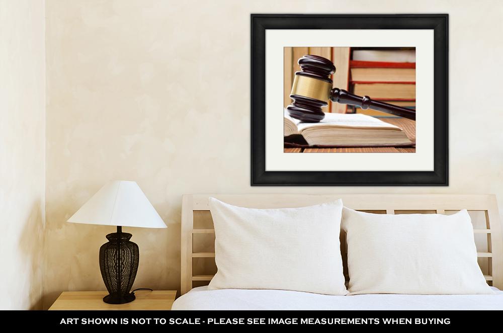 Framed Print, Supreme Court Law Book Wooden Judges Gavel On Table Courtroom
