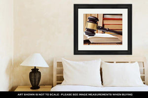 Framed Print, Supreme Court Law Book Wooden Judges Gavel On Table Courtroom