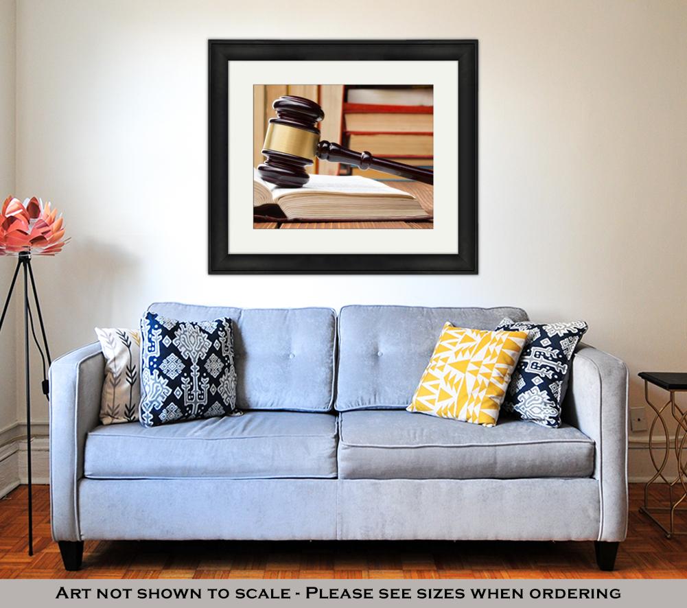 Framed Print, Supreme Court Law Book Wooden Judges Gavel On Table Courtroom