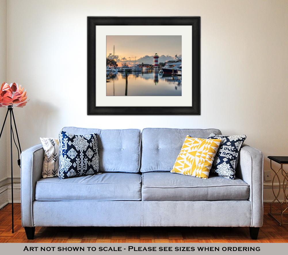 Framed Print, Hilton Head Island And Its Iconic Lighthouse Lit Up At Sunset With A Glass Like